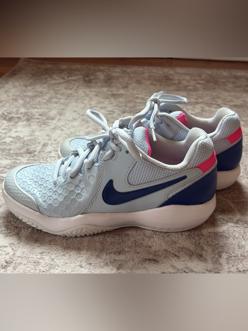 Nike  Light Gray/Blue Sneakers with Navy Swoosh and Pink Highlights